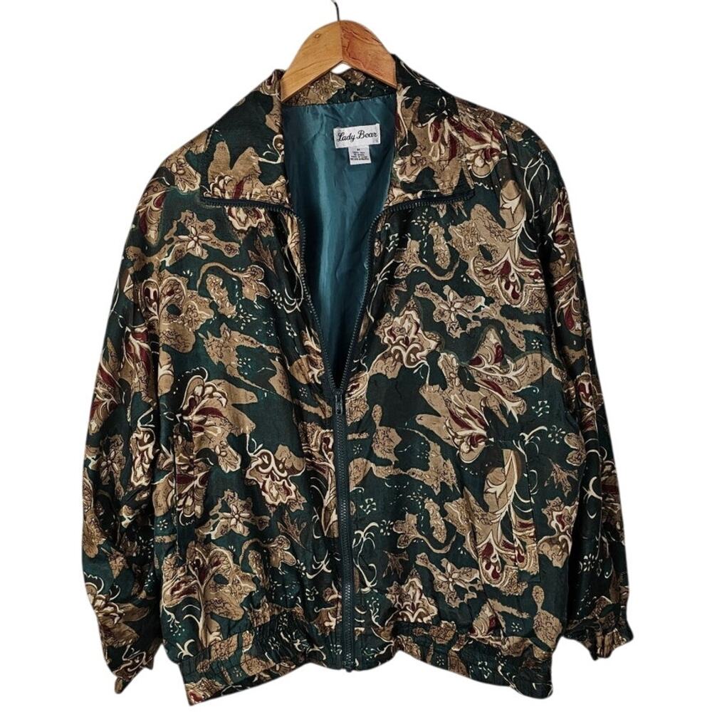 VTG Lady Bear 100% silk jogger jacket size M green tan zip front